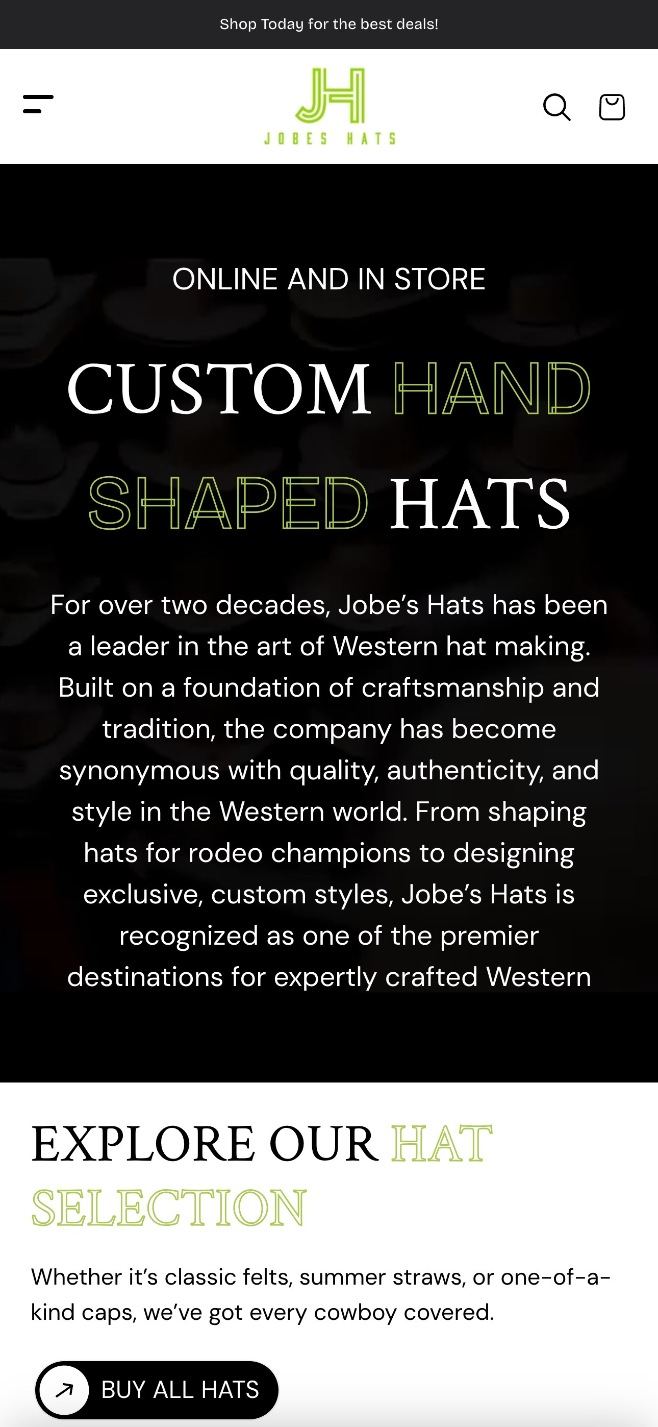 Jobe's Hats on a phone — hero headline, intro copy and the collection row stacked into a single thumb-width column