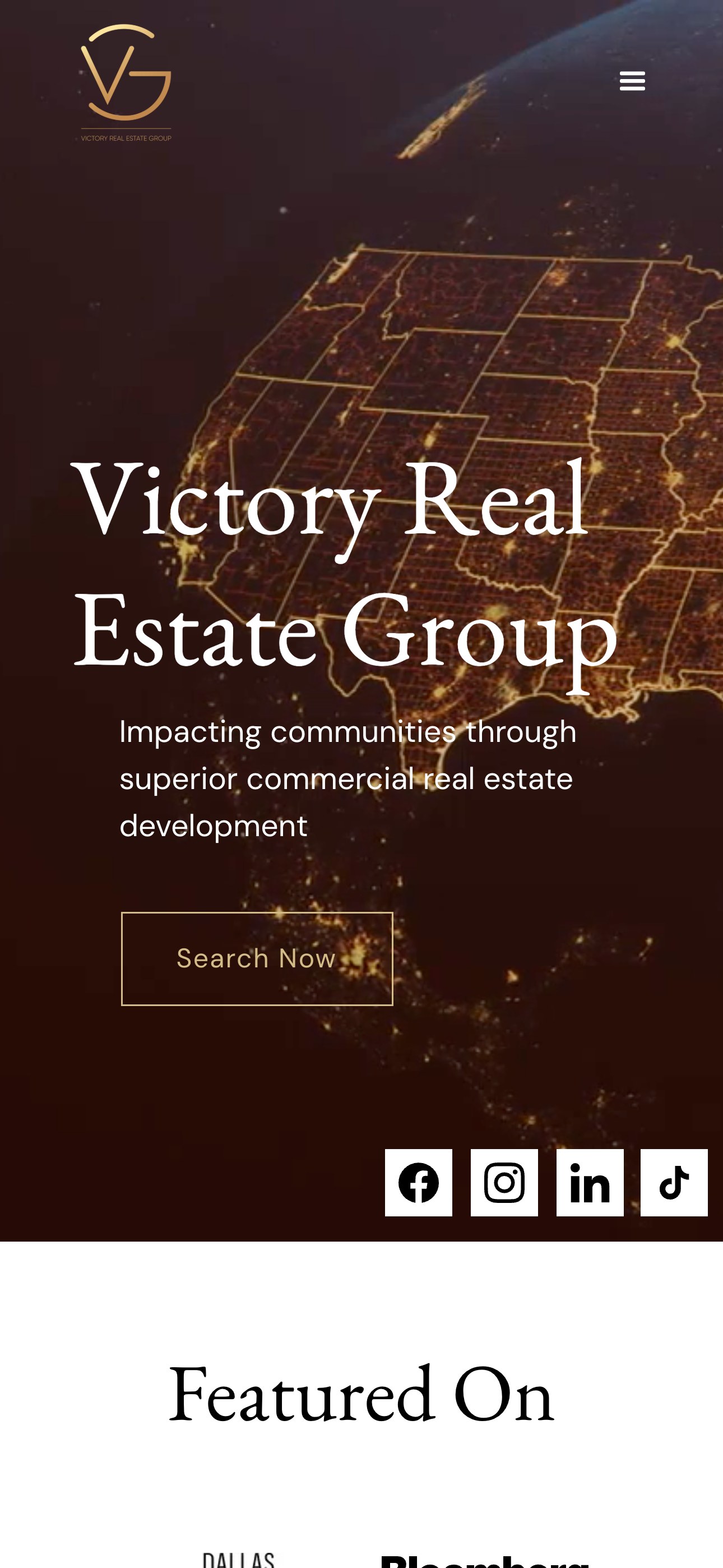 Victory Real Estate Group on a phone — the hero, the search action and the Featured On press row stacked in a single column